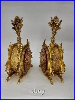 Vintage Solid Brass Ormolu Cherub Glass Perfume Bottles Vanity Set Pair Antique