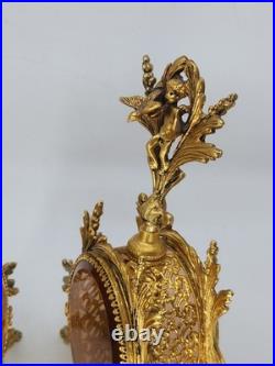 Vintage Solid Brass Ormolu Cherub Glass Perfume Bottles Vanity Set Pair Antique