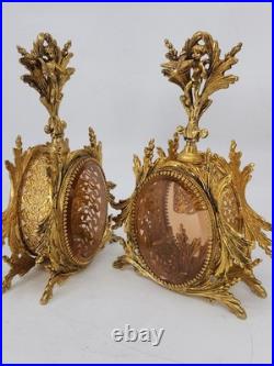 Vintage Solid Brass Ormolu Cherub Glass Perfume Bottles Vanity Set Pair Antique