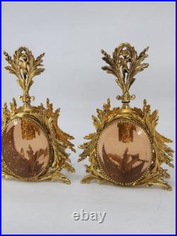Vintage Solid Brass Ormolu Cherub Glass Perfume Bottles Vanity Set Pair Antique