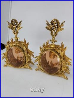 Vintage Solid Brass Ormolu Cherub Glass Perfume Bottles Vanity Set Pair Antique