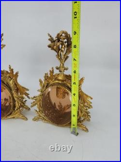 Vintage Solid Brass Ormolu Cherub Glass Perfume Bottles Vanity Set Pair Antique
