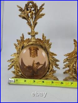 Vintage Solid Brass Ormolu Cherub Glass Perfume Bottles Vanity Set Pair Antique