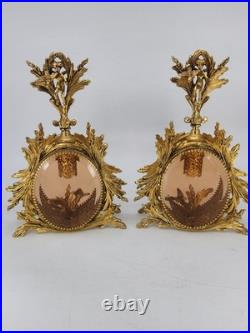 Vintage Solid Brass Ormolu Cherub Glass Perfume Bottles Vanity Set Pair Antique