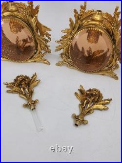 Vintage Solid Brass Ormolu Cherub Glass Perfume Bottles Vanity Set Pair Antique