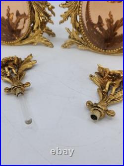 Vintage Solid Brass Ormolu Cherub Glass Perfume Bottles Vanity Set Pair Antique