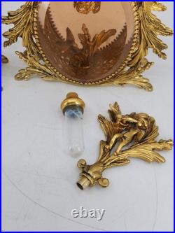 Vintage Solid Brass Ormolu Cherub Glass Perfume Bottles Vanity Set Pair Antique