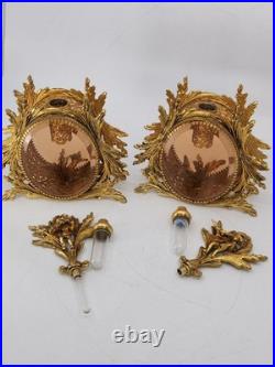 Vintage Solid Brass Ormolu Cherub Glass Perfume Bottles Vanity Set Pair Antique