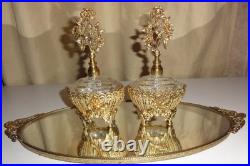 Vintage Solid Brass Vanity Mirror Tray & Two Perfume Bottles, Circa Unknown, Exc