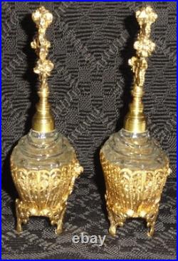 Vintage Solid Brass Vanity Mirror Tray & Two Perfume Bottles, Circa Unknown, Exc