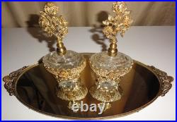 Vintage Solid Brass Vanity Mirror Tray & Two Perfume Bottles, Circa Unknown, Exc
