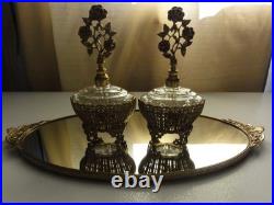Vintage Solid Brass Vanity Mirror Tray & Two Perfume Bottles, Circa Unknown, Exc