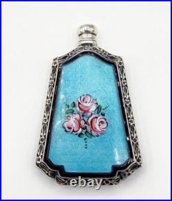 Vintage Sterling & Blue Guilloche Enamel Webster Roses Perfume Bottle Flask