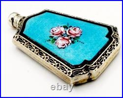 Vintage Sterling & Blue Guilloche Enamel Webster Roses Perfume Bottle Flask