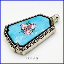 Vintage Sterling & Blue Guilloche Enamel Webster Roses Perfume Bottle Flask