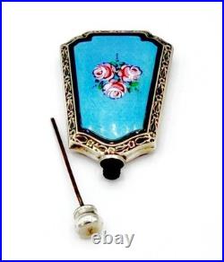 Vintage Sterling & Blue Guilloche Enamel Webster Roses Perfume Bottle Flask