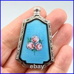 Vintage Sterling & Blue Guilloche Enamel Webster Roses Perfume Bottle Flask
