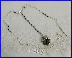 Vintage Sterling Silver -Black Enamel Perfume Bottle Necklace Miniature Pendant