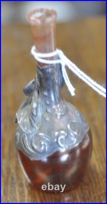 Vintage Sterling Silver Decorated Red Glass Perfume Bottle 3.5 X 1.25 Inch