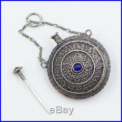 Vintage Sterling Silver Round Perfume Scent Flask Chatelaine Opium Snuff Bottle