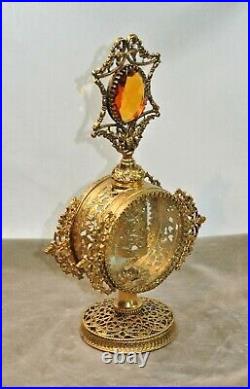 Vintage Stylebuilt Gold ORMOLU Filgree Large PERFUME BOTTLE 9 inch Amber Jeweled