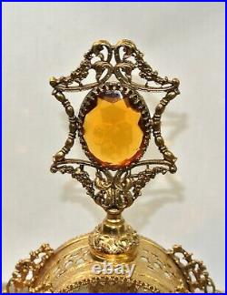 Vintage Stylebuilt Gold ORMOLU Filgree Large PERFUME BOTTLE 9 inch Amber Jeweled
