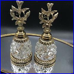 Vintage Stylebuilt Gold Ormolu Filigree Glass Bird Perfume Bottles And Mirror