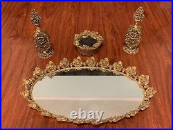 Vintage Stylebuilt Ornate Vanity Set. Mirror Tray, Powder Box, Perfume Bottles