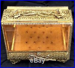 Vintage Vanity Large Casket JewelryBox Ormolu Filigree Beveled Amber Glass