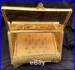 Vintage Vanity Large Casket JewelryBox Ormolu Filigree Beveled Amber Glass