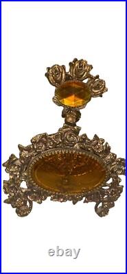 Vintage Vanity Perfume Bottle Large 8.5 Amber Glass Goldtone Roses