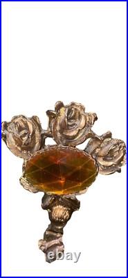 Vintage Vanity Perfume Bottle Large 8.5 Amber Glass Goldtone Roses
