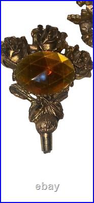Vintage Vanity Perfume Bottle Large 8.5 Amber Glass Goldtone Roses