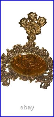Vintage Vanity Perfume Bottle Large 8.5 Amber Glass Goldtone Roses