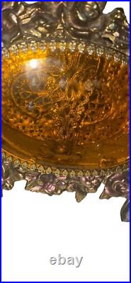 Vintage Vanity Perfume Bottle Large 8.5 Amber Glass Goldtone Roses