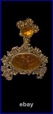 Vintage Vanity Perfume Bottle Large 8.5 Amber Glass Goldtone Roses