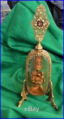 Vintage Vanity Perfume Bottle Ormolu Filigree Flower Accet Amber Glass w Dauber
