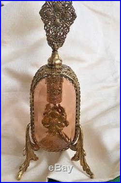 Vintage Vanity Perfume Bottle Ormolu Filigree Flower Accet Amber Glass w Dauber