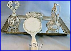 Vintage Vanity Set Mirror Tray Trinket Box Perfume Bottle
