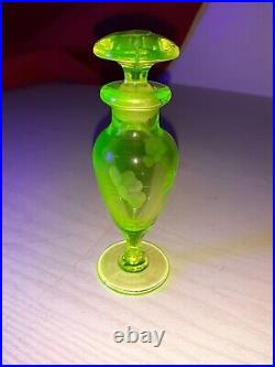 Vintage Vaseline Glass Perfume Bottle with Dauber with a Etched Flower Design