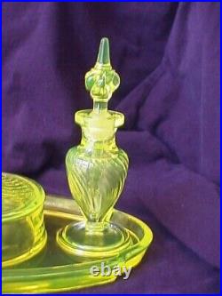Vintage Vaseline Glass Vanity set with Perfume Bottles and Powder Box