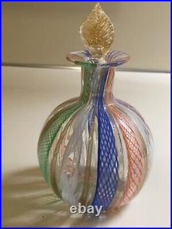 Vintage Venetian Murano Glass Latticino Aventurine Perfume Bottle Leaf Stopper