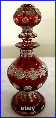 Vintage Victorian Bohemian Moser Ruby Red Cut Glass Overlay Perfume Bottle & Top