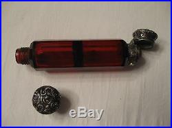 Vintage Victorian Double Sided Ruby Glass Perfume Bottle With Ornate Silver Caps