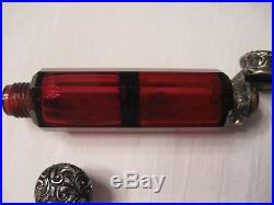 Vintage Victorian Double Sided Ruby Glass Perfume Bottle With Ornate Silver Caps