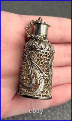 Vintage Victorian Nouveau Spun Silver Filigree Scent Perfume Bottle Pendant