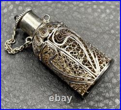 Vintage Victorian Nouveau Spun Silver Filigree Scent Perfume Bottle Pendant