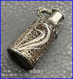 Vintage Victorian Nouveau Spun Silver Filigree Scent Perfume Bottle Pendant
