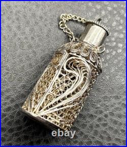Vintage Victorian Nouveau Spun Silver Filigree Scent Perfume Bottle Pendant