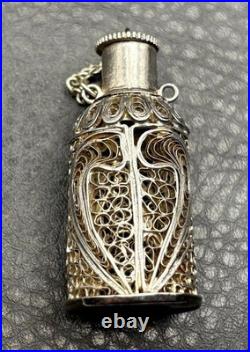Vintage Victorian Nouveau Spun Silver Filigree Scent Perfume Bottle Pendant